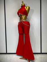 Women Luxury Rhinestone Red Sexy Cut Out Two Piece Pants Bandage Set 2025 Celebrity Designer Fashion Women's Set Stage Outfit